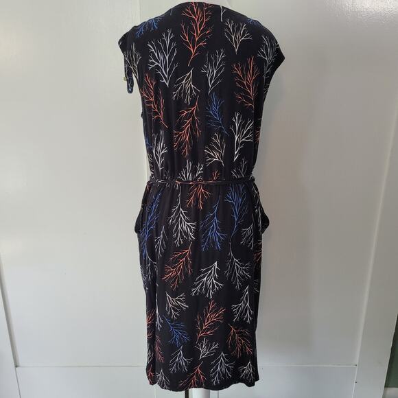 Liz Claiborne Size M Black Dress Branch Print Cap Sleeve Faux Wrap Waist - Picture 3 of 9